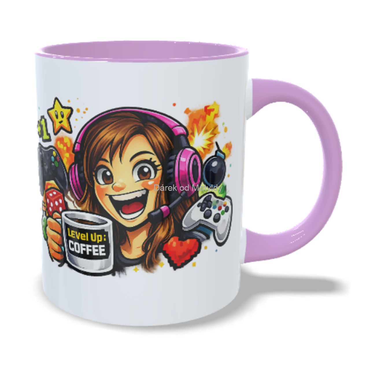 Hrnek pro hráčku - 330 ml – "Level up" - Růžová