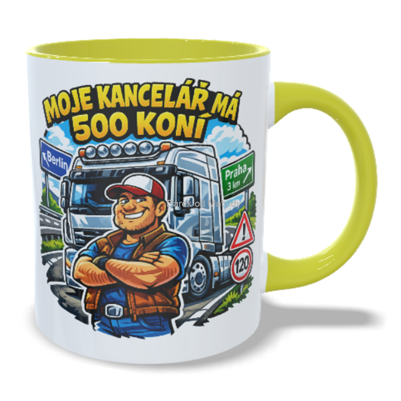 Hrnek kamioňák – "Moje kancelář má 500 koní" - 330 ml - Žlutá