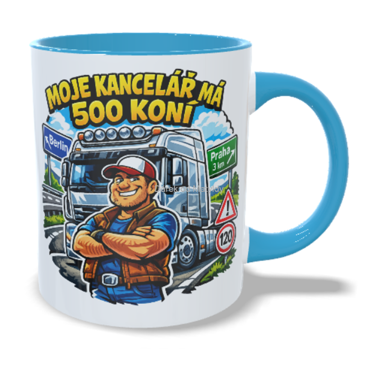Hrnek kamioňák – "Moje kancelář má 500 koní" - 330 ml - Modrá