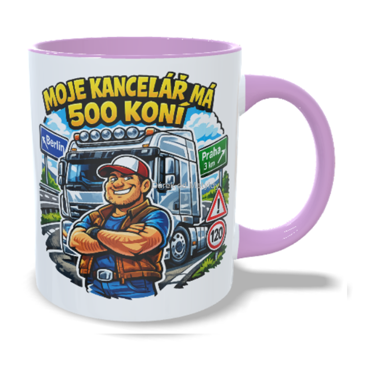 Hrnek kamioňák – "Moje kancelář má 500 koní" - 330 ml - Růžová