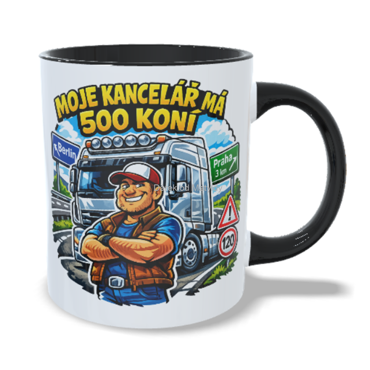Hrnek kamioňák – "Moje kancelář má 500 koní" - 330 ml - Černá