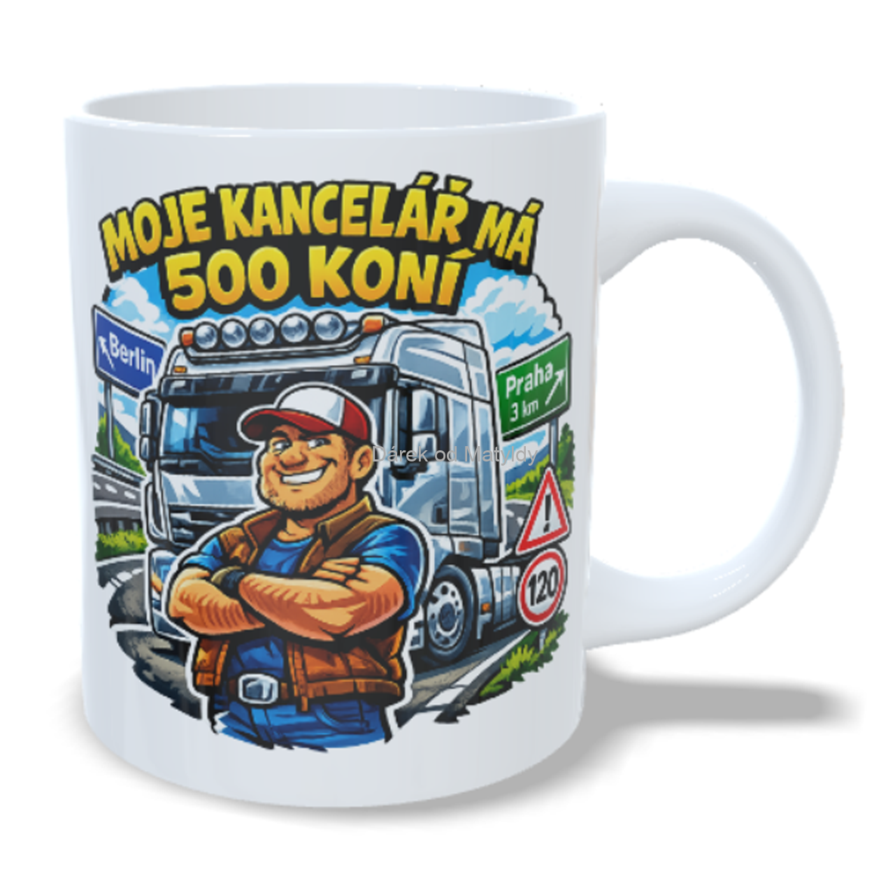 Hrnek kamioňák – "Moje kancelář má 500 koní" - 330 ml - Bílá