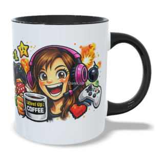 Hrnek pro hráčku - 330 ml – "Level up" - Černá