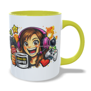 Hrnek pro hráčku - 330 ml – "Level up" - Žlutá
