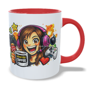 Hrnek pro hráčku - 330 ml – "Level up" - Červená
