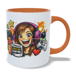 Hrnek pro hráčku - 330 ml – "Level up" - Oranžová